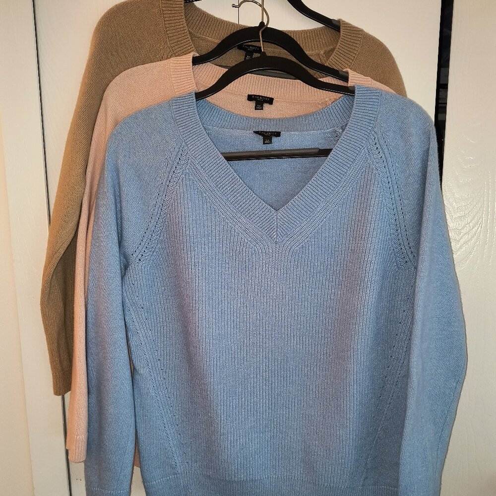 (3) Talbots V-Neck Sweaters - Tan, Lt. Rose, Blue - Size Petite Large